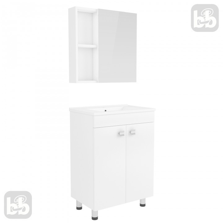 Комплект мебели RJ ATLANT 60см белый: тумба напольная + зеркальный шкаф 60*60см + умывальник мебельный